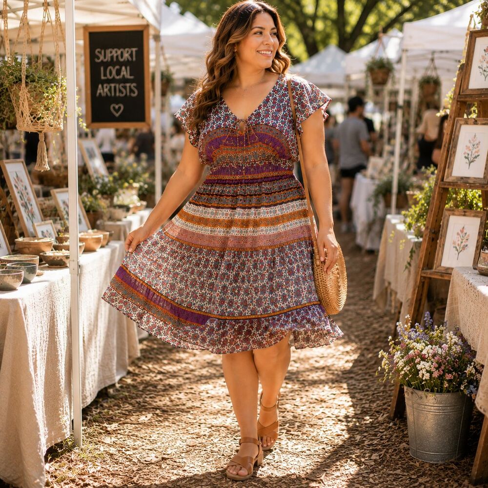Plus Size Boho Dress 2X Floral Mini Smocked Chiffon Summer Festival Cottagecore
